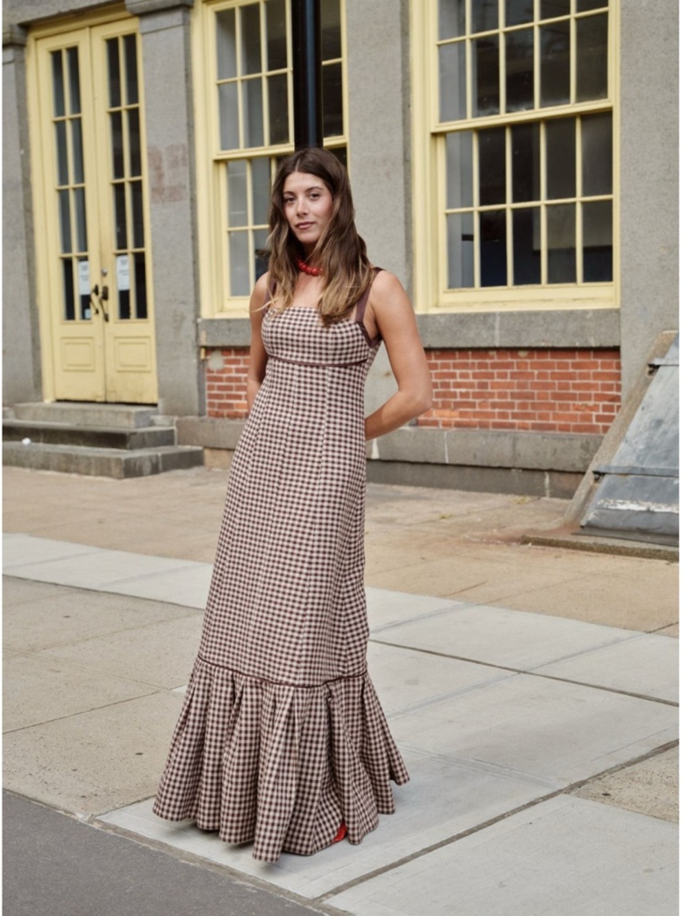 Couper Margaret Gingham Tie-Back Gown XL NWT 100% Cotton Brown Check Dress